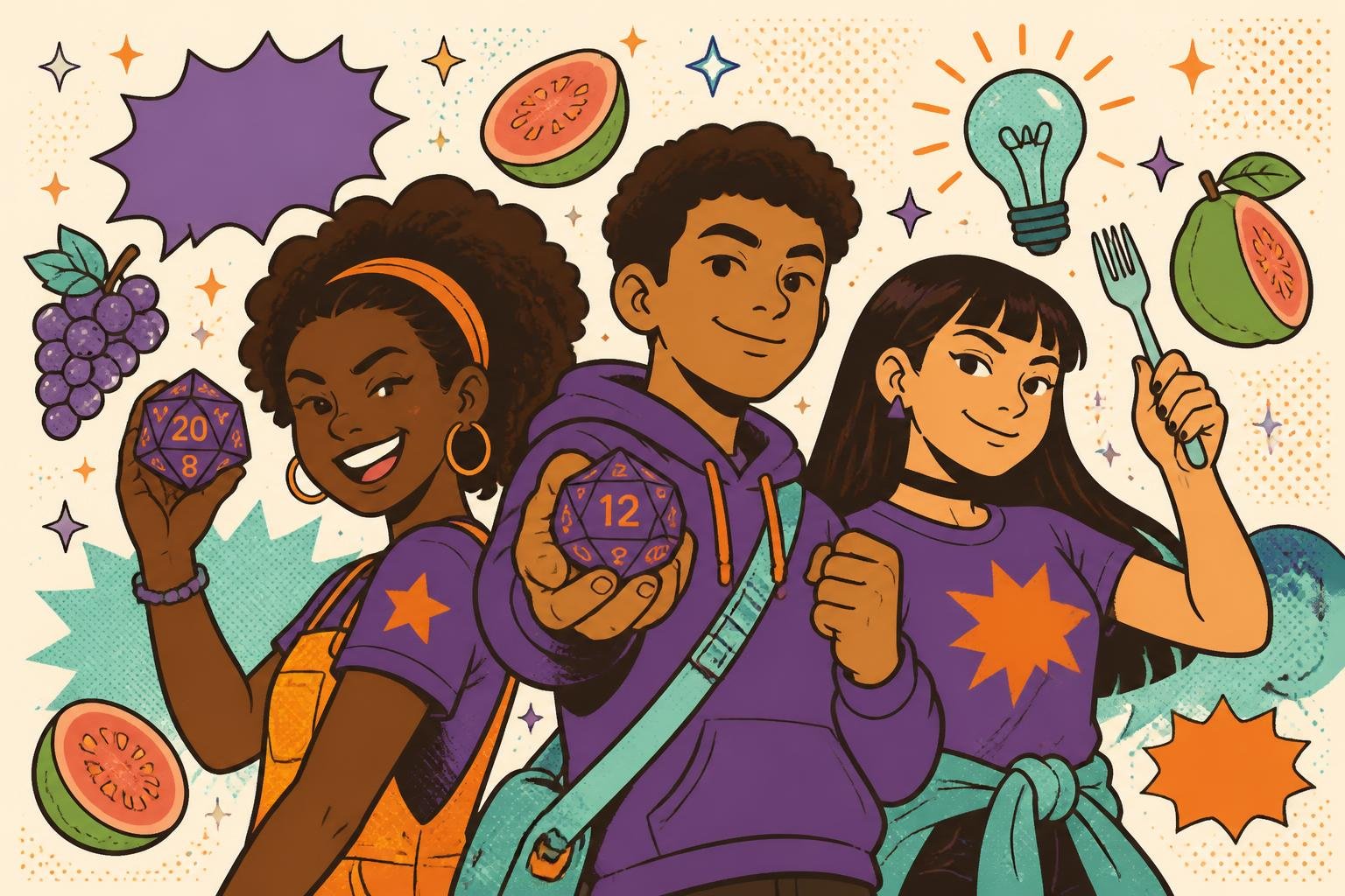 Três adolescentes segurando dados de RPG cercados por frutas, lâmpadas e estrelas