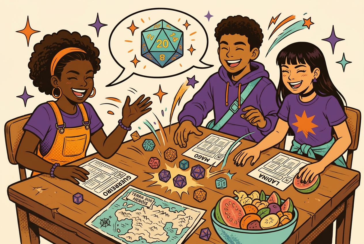 Ilustração HQ: três jovens rolando dados e jogando RPG com mapa, fichas e dados D20 na mesa